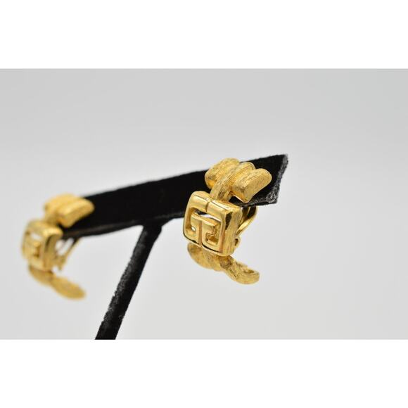 Givenchy Vintage Logo Clip On Earrings GG Brushed Gold Hoop 80s Signed AS IS 9D - Picture 7 of 10